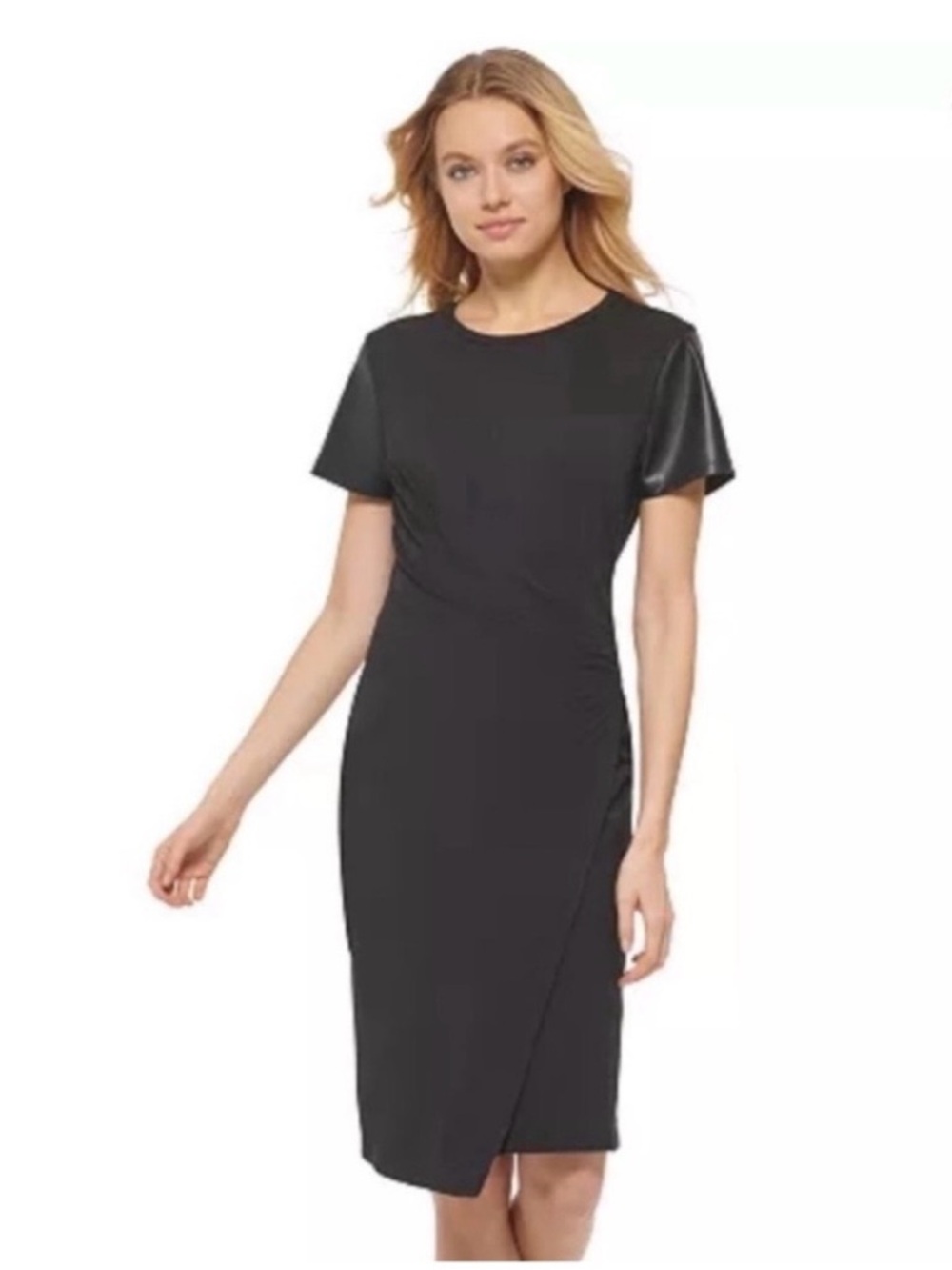DKNY Black Midi Sheath Dress with Faux-Leather Sleeves